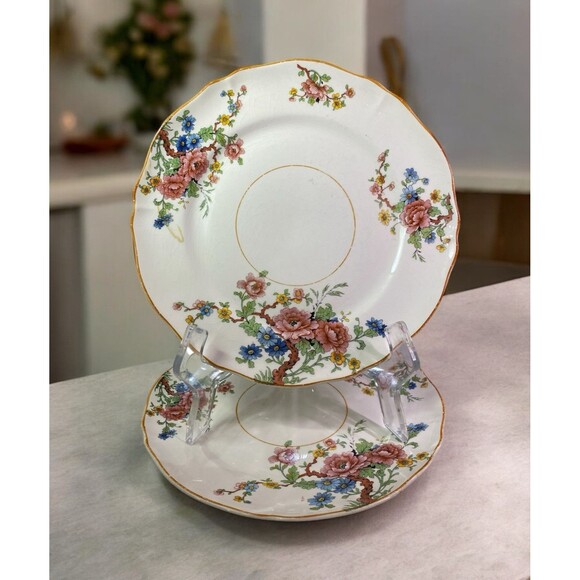 Vintage K T & K Co Luncheon Plates Cream With Floral Brown Trim Set Of 2 ***READ - Picture 1 of 12